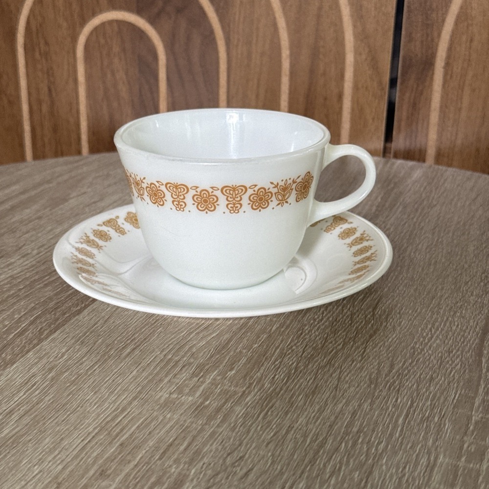 Corelle Pyrex Golden Butterfly Cup & Saucer Coffee Tea Mug 2 pc Set